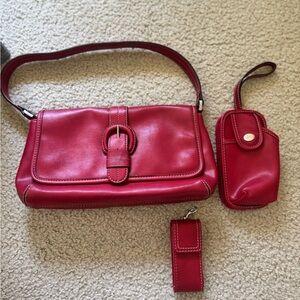 Nine West Red Leather Shoulder Bag + Matching Accessories Set (3 pieces)